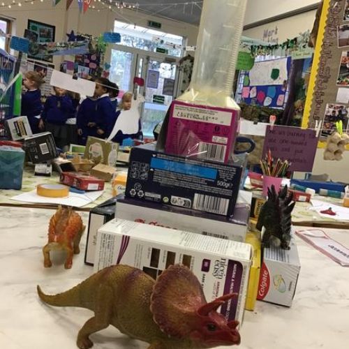To make our dinosaurs feel at home, we built a volcano.